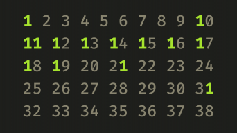 Number 1 to 38 with all 1s highlighted